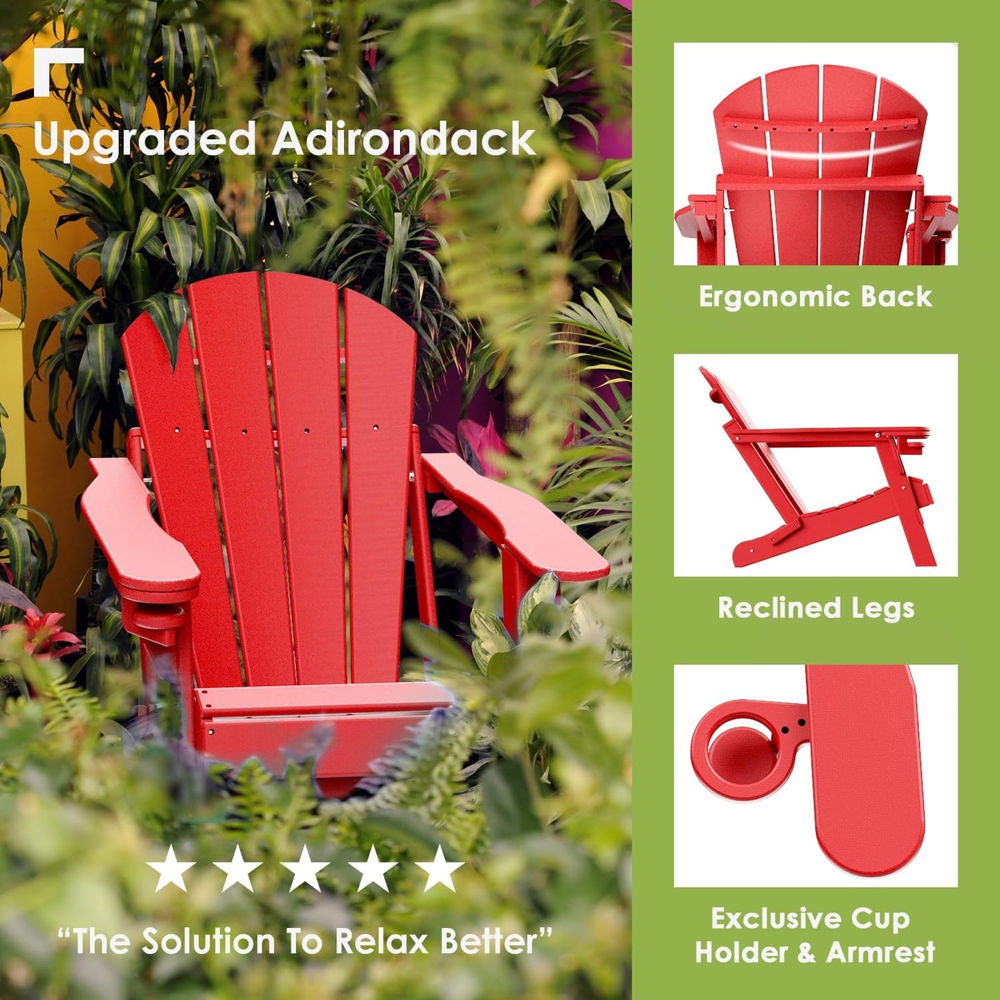 GREENVINES Folding-Adirondack-Chairs-Set-of-2 | HDPE Plastic | Fire Pit Chair | All Weather | Cup Holder | Red | for Deck Backyard Patio Outdoor Garden