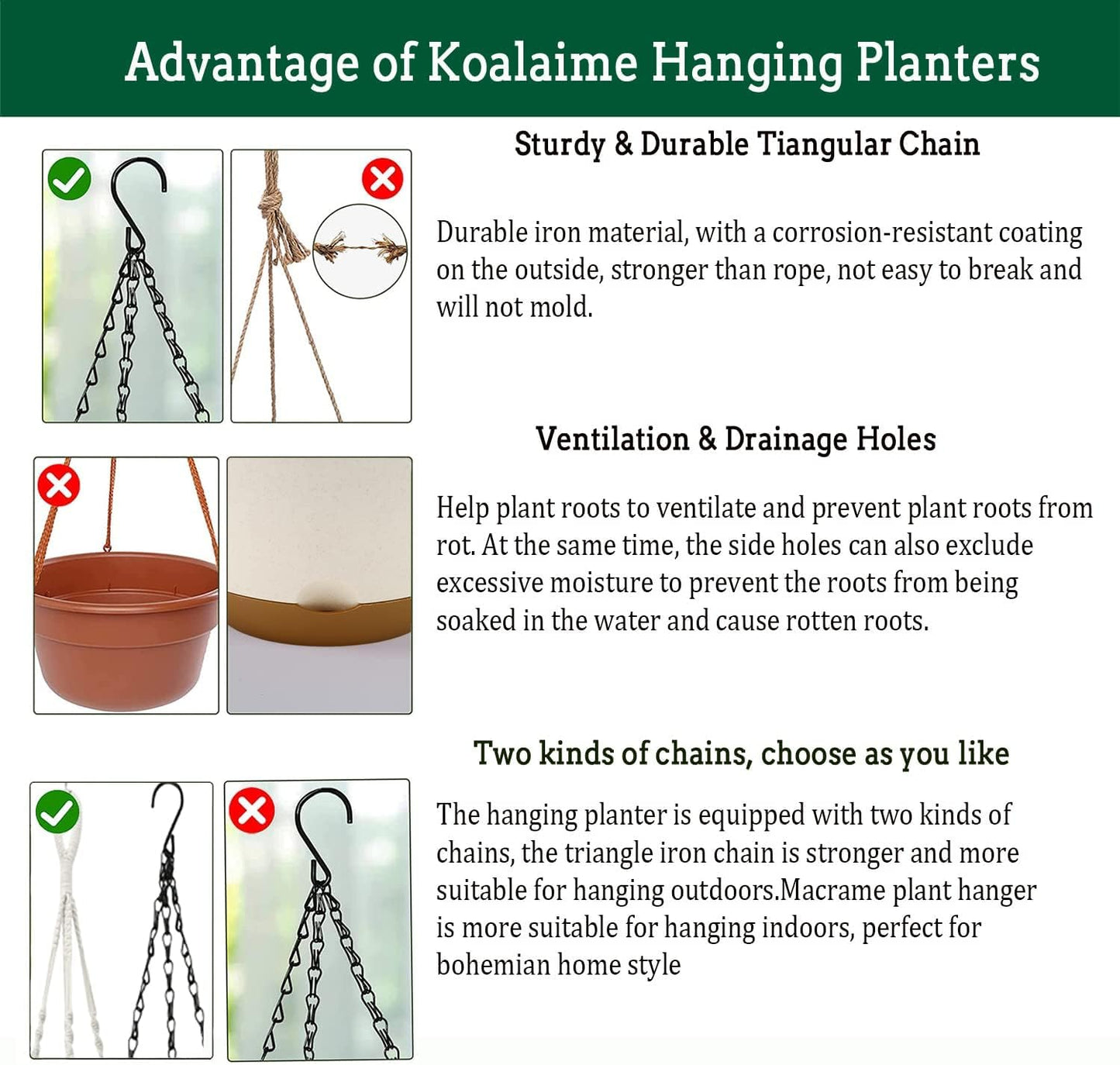 Hanging Planter Self Watering 10 Inch, 2 Pack Indoor Outdoor Hanging Baskets, Hanging Flower Pots with Drainage Hole & 2 Kinds of Plant Hangers for Garden Home Decor(Black Hanger