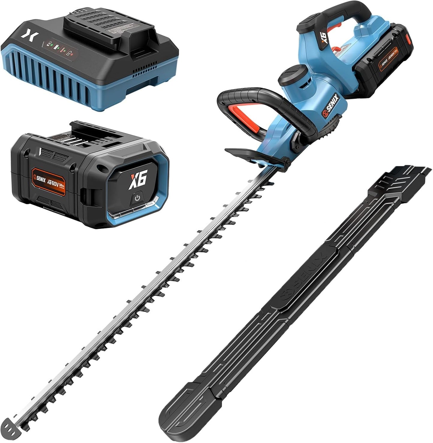 SENIX X6 60V Max* Battery Powered 26" Cordless Hedge Trimmer with Brushless Motor, Double-Sided Dual Action Blades, 1-1/4" Cutting Capacity, 3.0 Ah Lithium-ion Battery & Charger Included (HTX6-M1)