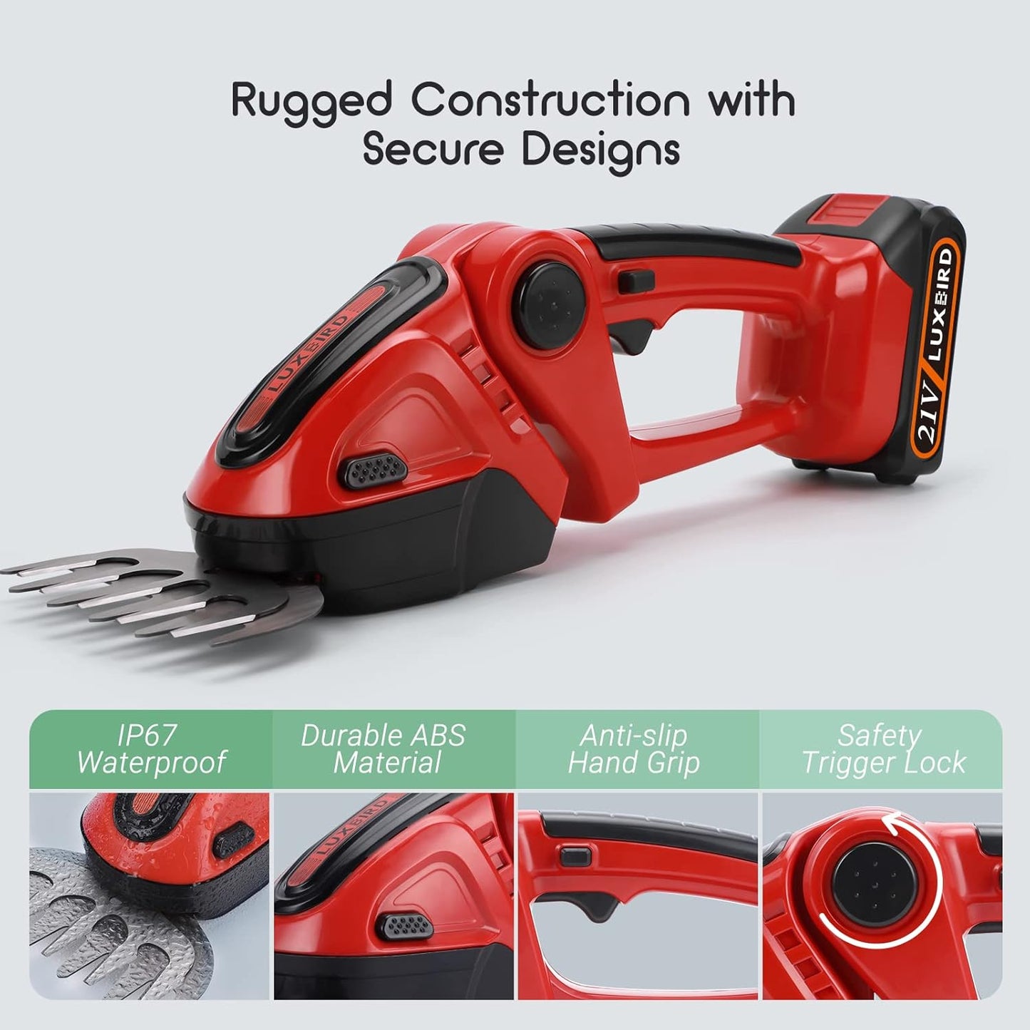 LUXBIRD Cordless Grass Shears, 2-in-1 Mini Hedge Trimmer Cordless,Light Handheld Grass Trimmer, Electric Shrub Trimmer with 2Pcs Rechargeable Batteries