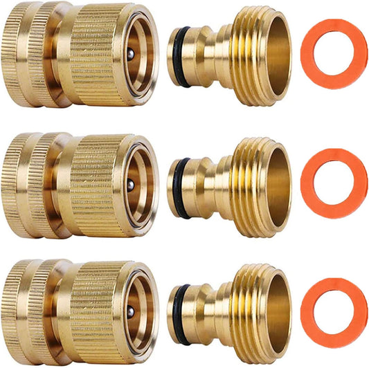 Garden Hose Quick Connectors, Solid Brass 3/4 inch GHT Thread Easy Connect Fittings No-Leak Water Hose Male Female Value Pack (3)