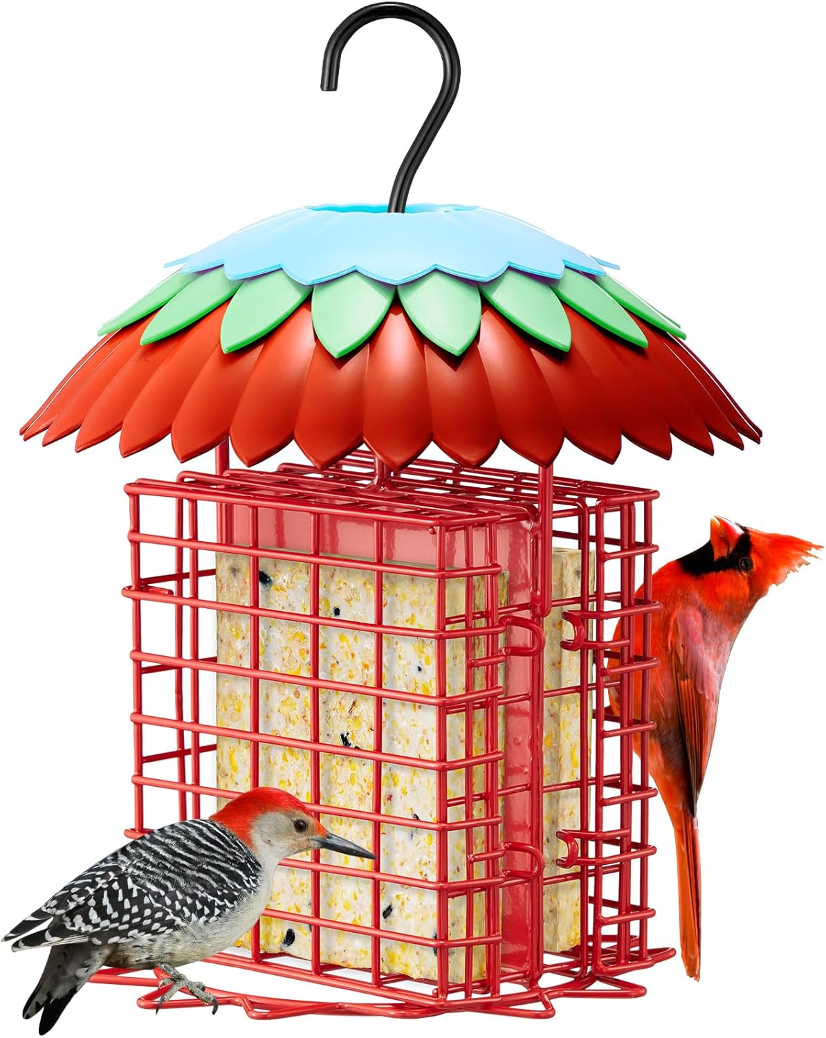 Suet Feeder Double with Weather Guard & Ant Moat, Skaithee Bird Feeders for Outdoors Hanging with 2 Holders Keep Cakes Clean & Fresh Attracts Wild Birds Great for Woodpecker & Clinging Birds, Red