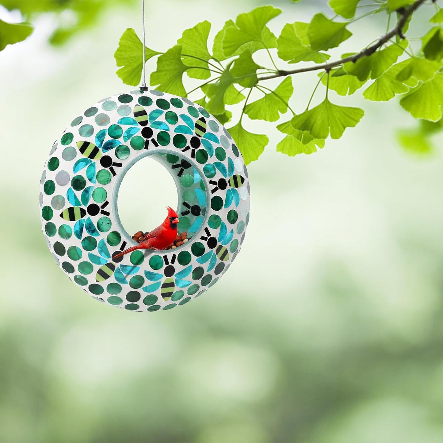 Yinns Bird Feeder - Fly Through Hanging Glass Large Bird Feeders for Outdoors Circle Wild Bird Mosaic Feeders Seed Container 9 inch