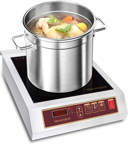 Induction Cooktop 208-240V 3500W Commercial Range Induction Burner Dual IGBT Modules 8 Heating Level Sensor Push-Button Premium Stainless Steel Housing Crystal Glass Electric Cooktop（Red）