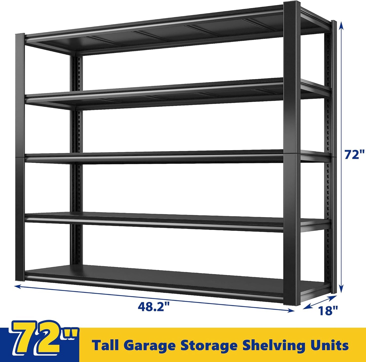 REIBII 48" W Garage Shelving 2500LBS Storage Shelves 5 Tier Heavy Duty Shelving Adjustable Garage Shelves for Warehouse, Pantry, Easy Assemble, 48.2''W X 72''H X18''D