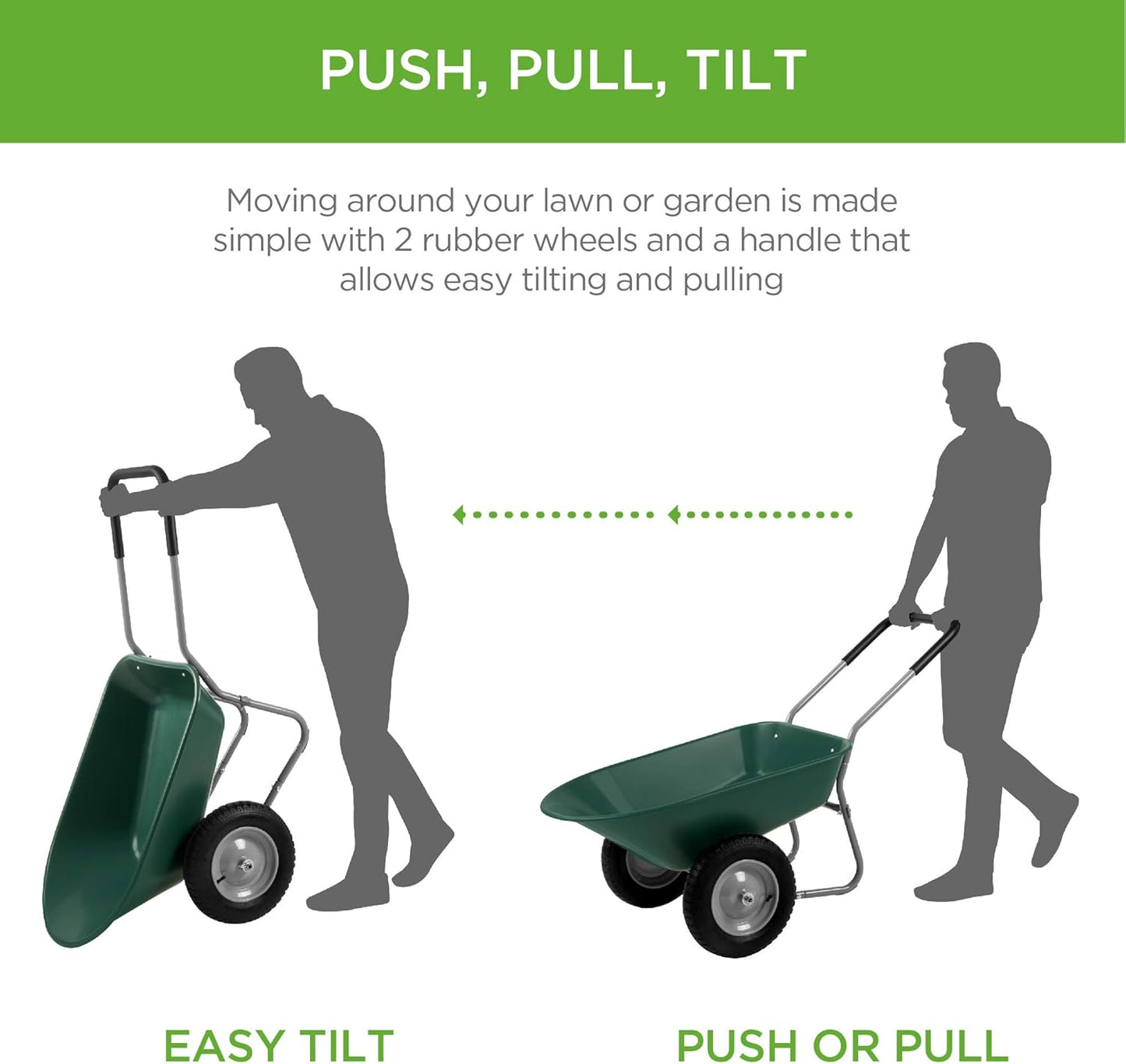 Best Choice Products Dual-Wheel Home Utility Yard Wheelbarrow Garden Cart w/Built-in Stand for Lawn, Gardening, Construction - Green