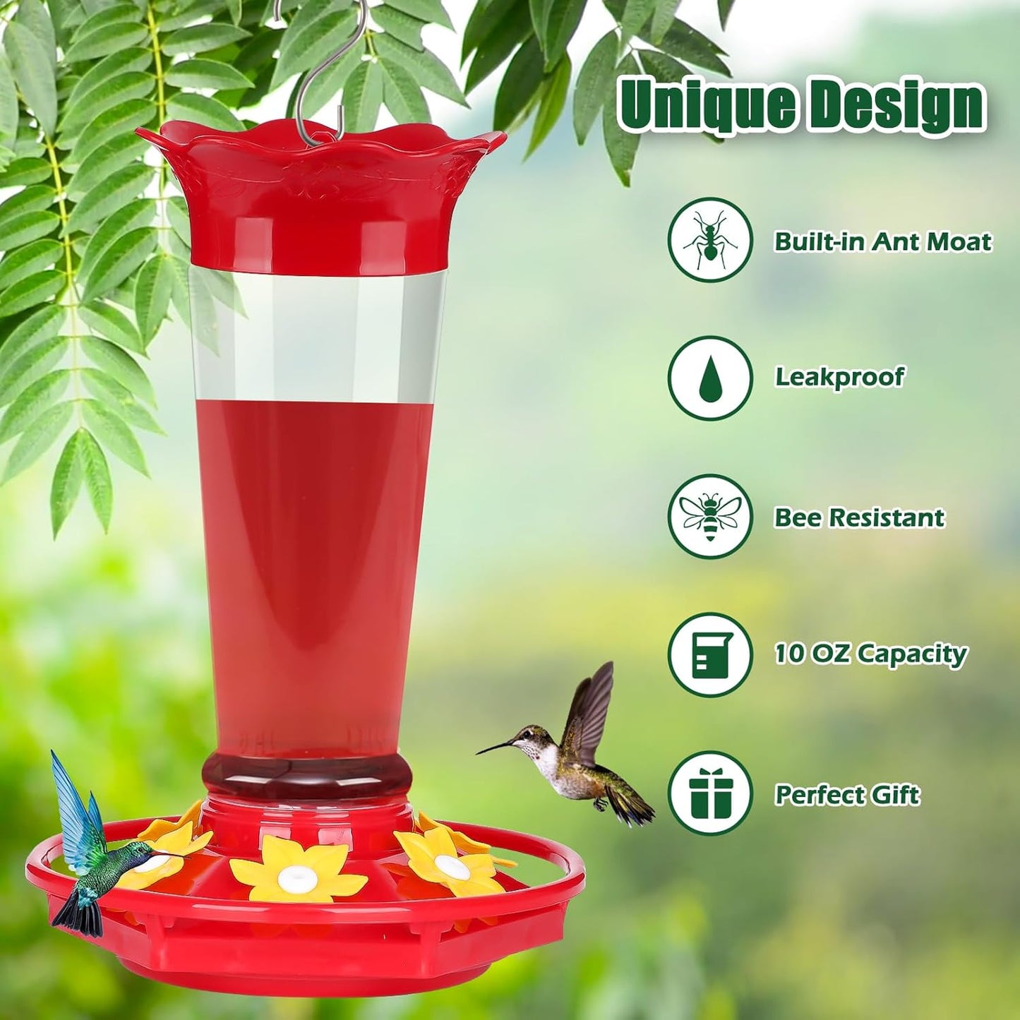 FEED GARDEN 10 OZ Hummingbird Feeders for Outdoors Hanging Ant and Bee Proof, Plastic Humming Birds Feeders for Outside with 5 Feeding Ports, Red Hanging Mount Hummingbird Feeder Easy Clean
