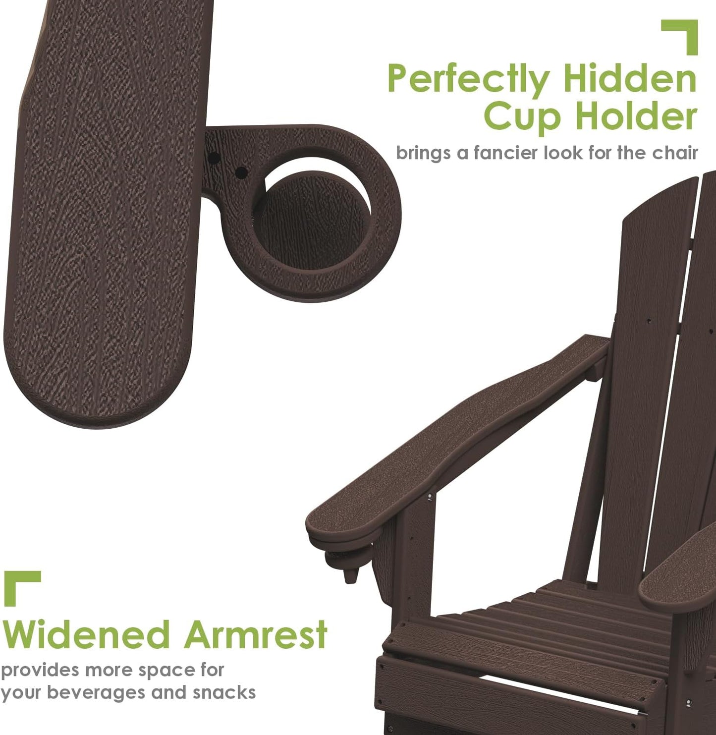 GREENVINES Folding-Adirondack-Chairs-Set-of-6 | Wood Grain | HDPE Plastic | Fire Pit Chair | All Weather | Cup Holder | Dark Brown | for Deck Backyard Patio Outdoor