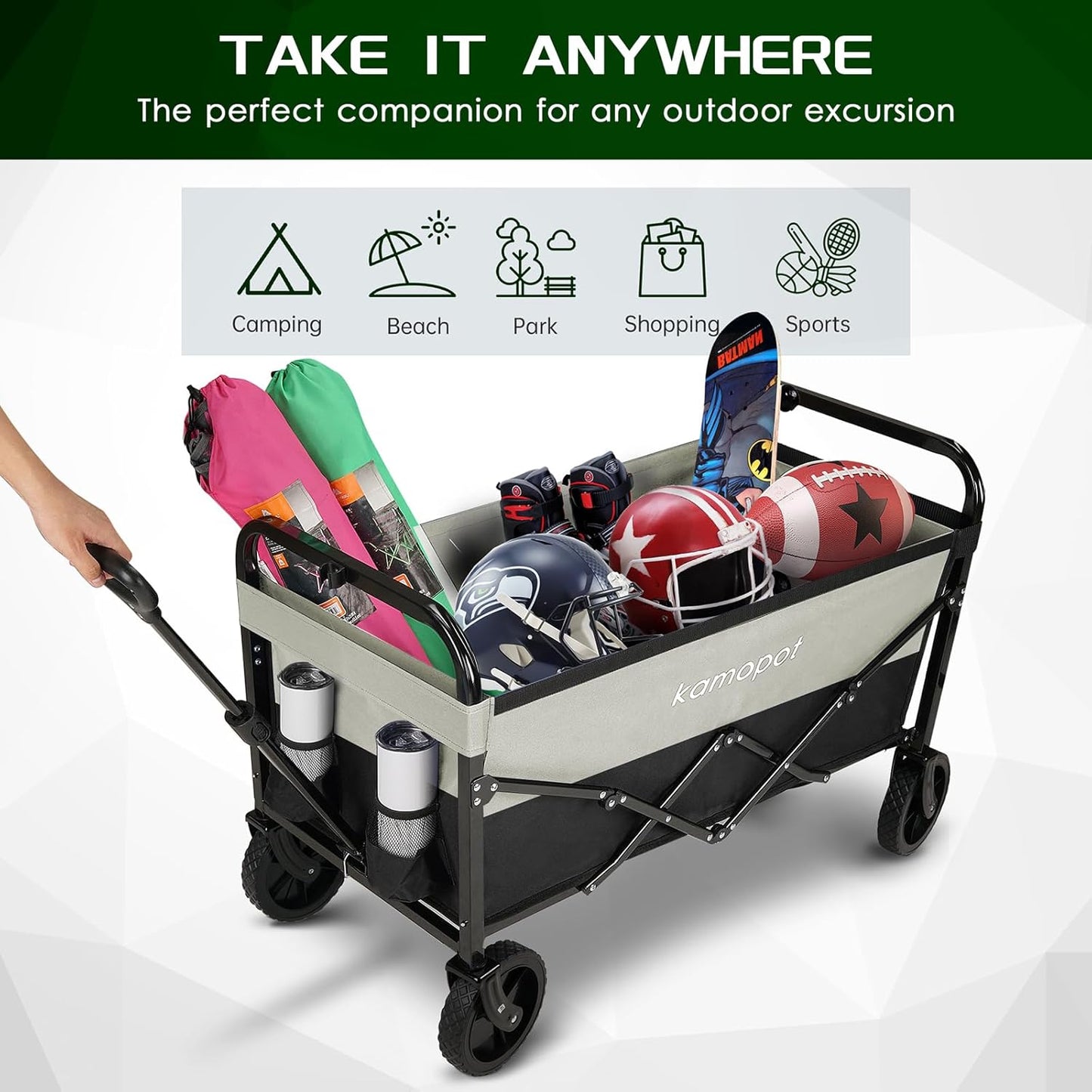 Large Collapsible Wagon Foldable for Grocery, Beach, Park, Yard, 34 x 18 Inch Inner Storage. Folding Utility Shopping Cart on Wheels. Heavy Duty, Durable w/Cupholders (Black-Gray)