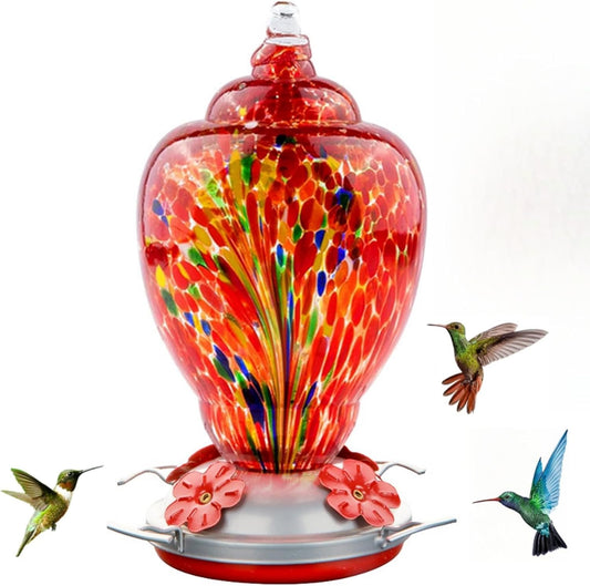 WOSIBO Hummingbird Feeder for Outdoors Patio Large 32 Ounces Colorful Hand Blown Glass Hummingbird Feeder with Ant Moat Hanging Hook, Rope, Brush and Service Card (RED-Firework)