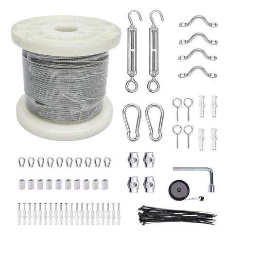 3/38" Wire Cable Rope Kit ，Vinyl Coated 304 Stainless Steel Wire – 100FT 7x7 Strand Cable with Turnbuckles，String Lights Hanging Kit for Outdoor, Garden,Patio, Crafts, Hanging Lights