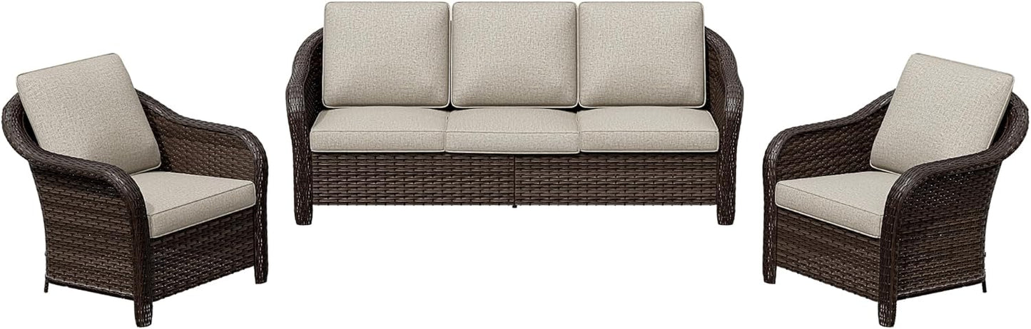 3 Pieces Outdoor Patio Conversation Set, 78" Couch, 2 Chairs, Rattan Wicker Conversation Furniture with Removable Cushions for Bistro, Deck (Beige)