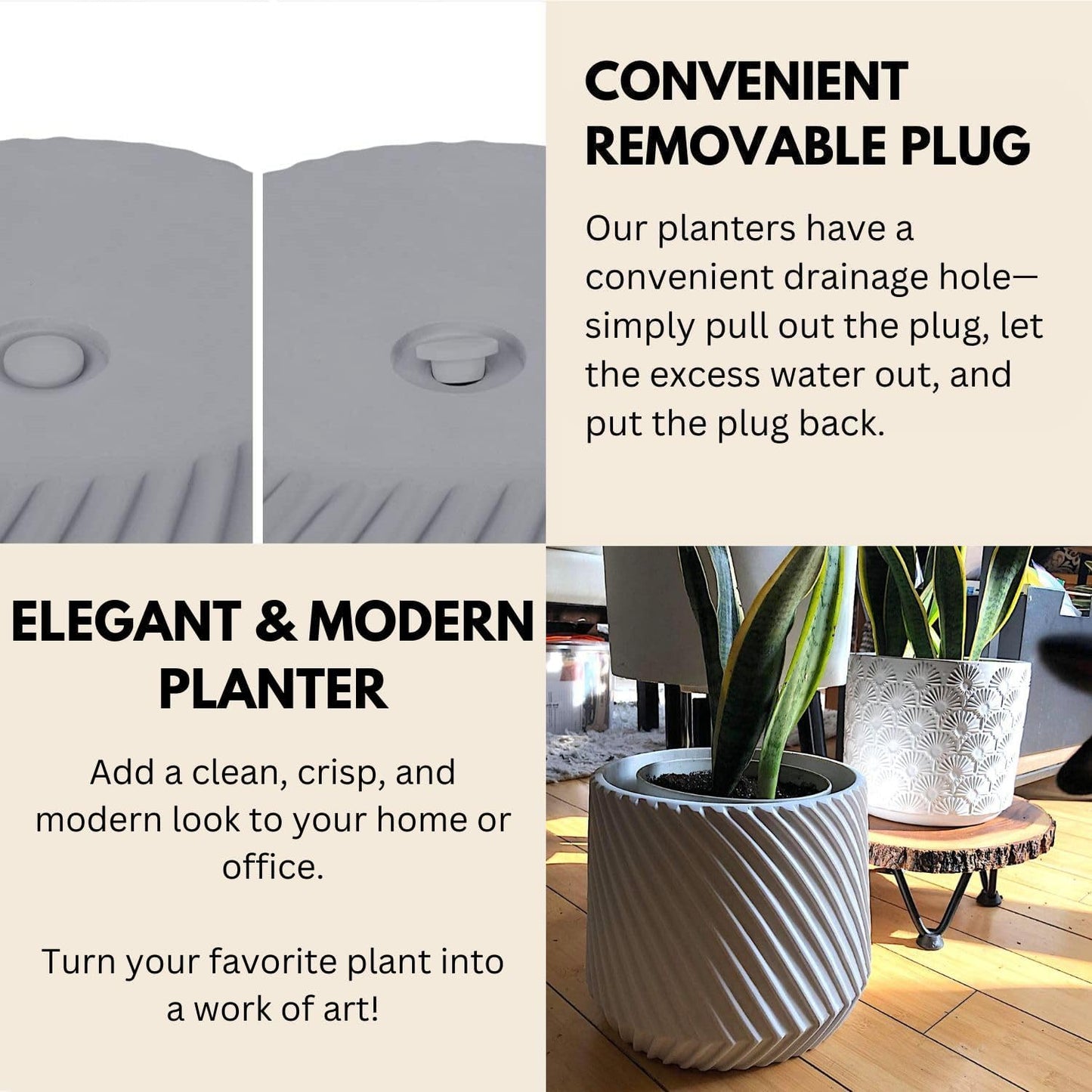 Fox & Fern Large 12 Inch Planter — Premium Polystone Gray Plant Pot with 3D Texture and Drainage Plug; 12 Inch Pots for Plants Indoor; Large Planter for Indoor & Outdoor Plants