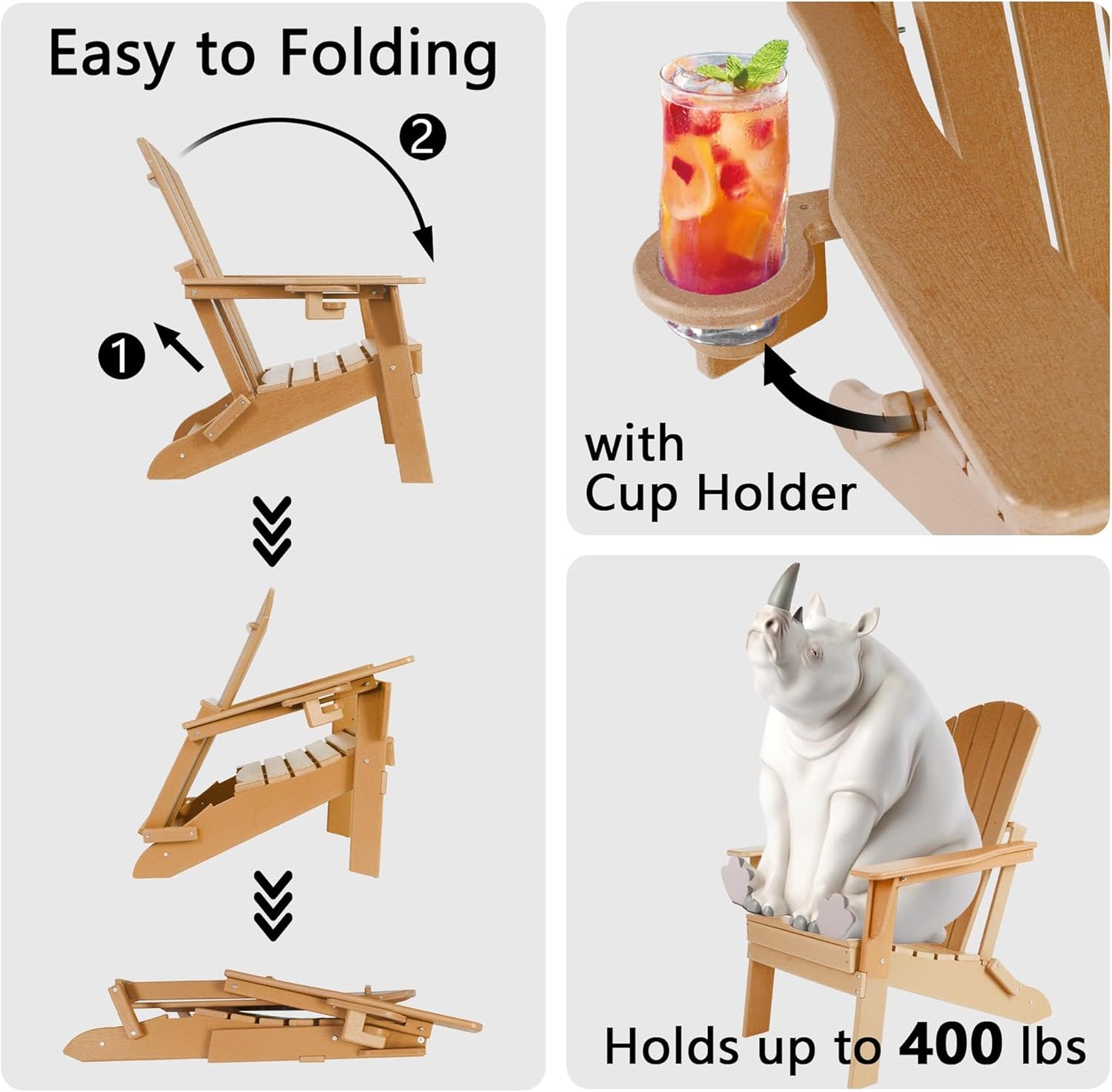 Folding Adirondack Chair - Extended Ergonomic Backrest, Cup Holder - Easy Assembly - Durable HDPE Plastic, Weather Resistant & Maintenance-Free - Lawn, Patio, Deck Supports 400lbs Teak