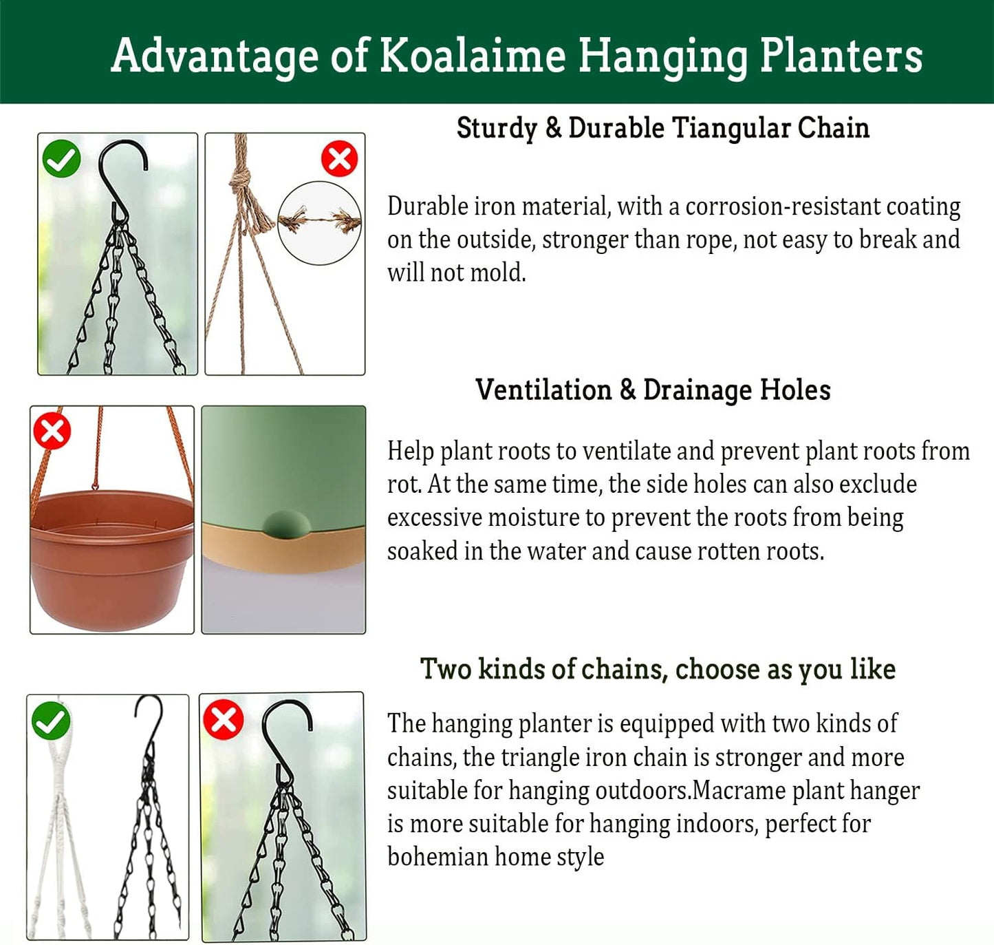 Hanging Planter Self Watering 10 Inch, 2 Pack Indoor Outdoor Hanging Baskets, Hanging Flower Pots with Drainage Hole & 2 Kinds of Plant Hangers for Garden Home Decor(Green)…