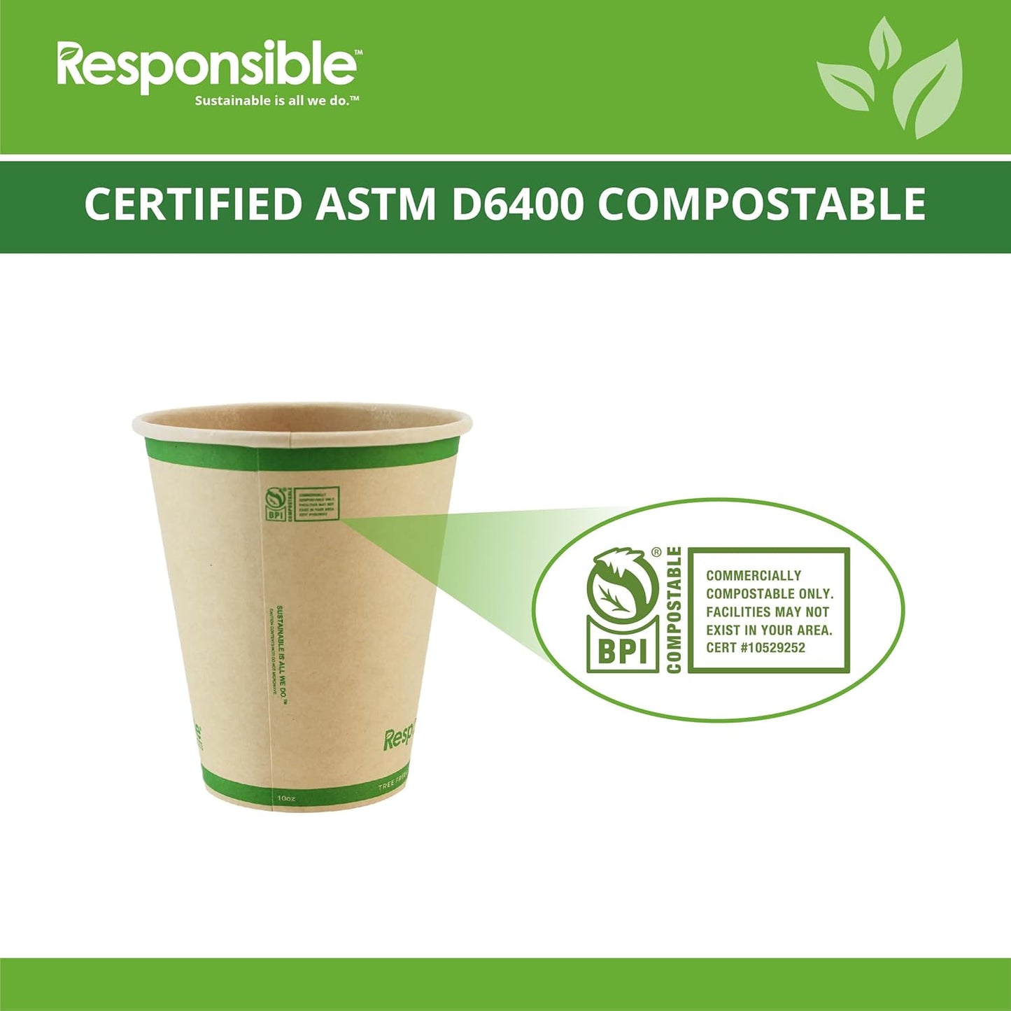 10 oz Paper Hot Cups Bulk, Tree-Less™ Compostable Paper Coffee Cups, Extra Strength, Tree-Free and Made Without PFAS, Natural Brown (1000 Count)