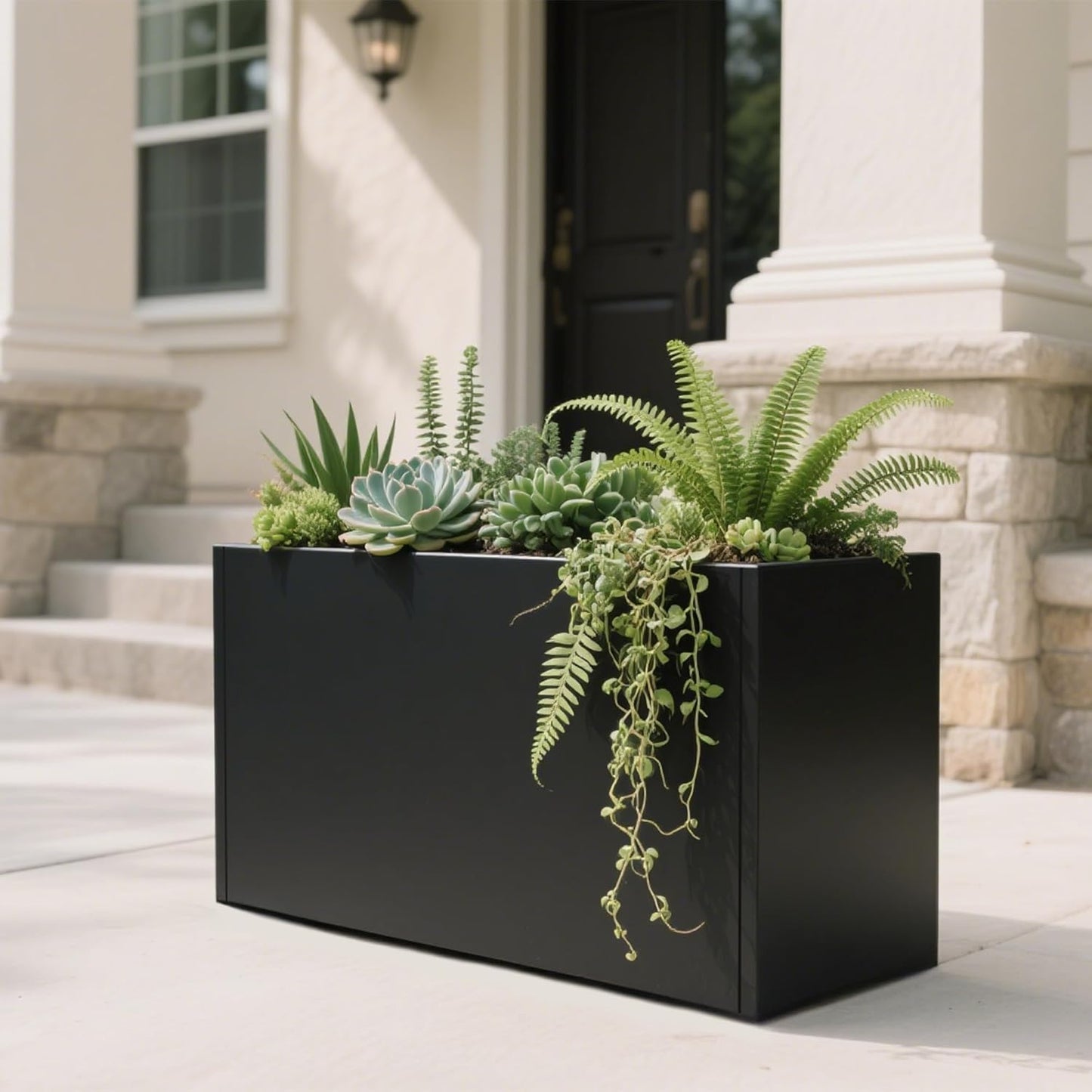 GSK Black Metal Planter Versatile Box with Drainage Holes Galvanized Painted Iron Flower Boxes for Indoor Outdoor Use Ideal Patio Balcony Garden Elevated Plant Bed