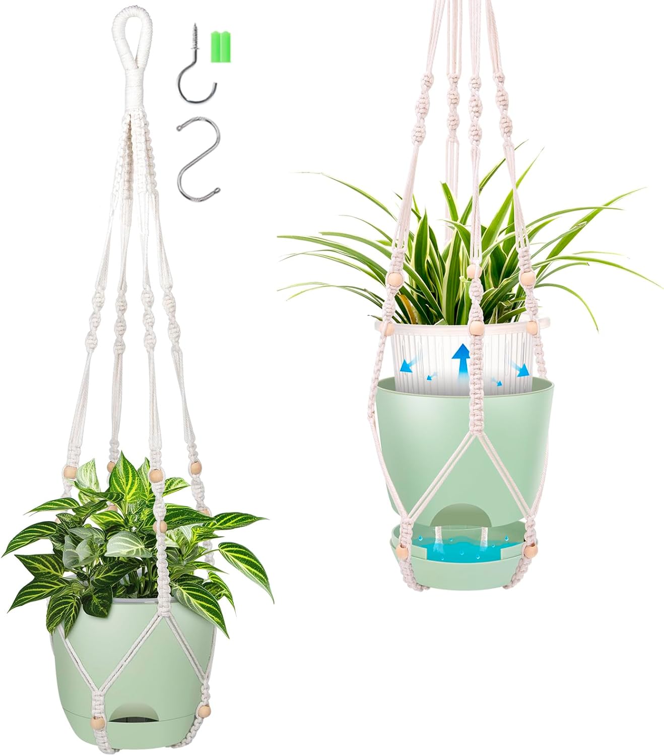 2-Pack 7..1-Inch Self-Watering Hanging Planters for Indoor & Outdoor Plants,34Inch Macrame Hanger Plant Pots Indoor with Drainage,Small Hanging Planters & Baskets,With Two Sets of Hooks（Pure green）