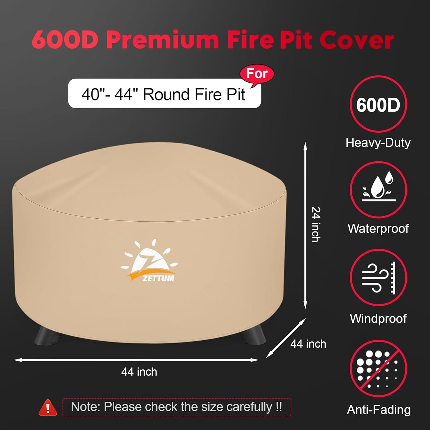 Fire Pit Cover Round 44 Inch - Outdoor Firepit Cover Waterproof & Heavy Duty, 600D Patio Fire Table Cover Gas Fire Pit Accessories Fade & Weather Resistant - 44 x 44 x 24 Inch