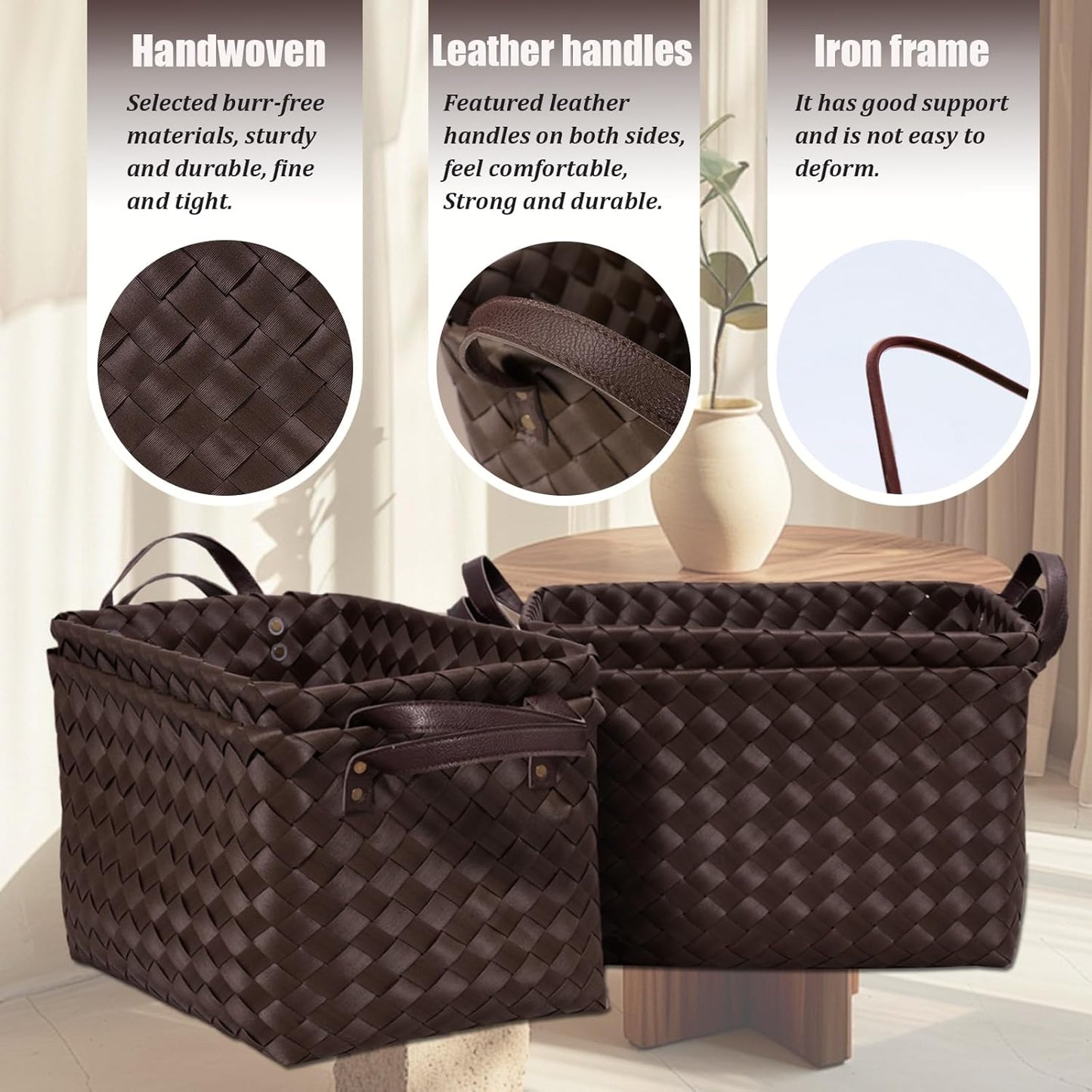 Handwoven Clothes Basket Laundry Hampers Large Wicker Storage Baskets for Shelves Blankets Closet Storage Bins Car Bedroom Bathroom Organizers and Storage Bath (Pack of 4, Espresso color)