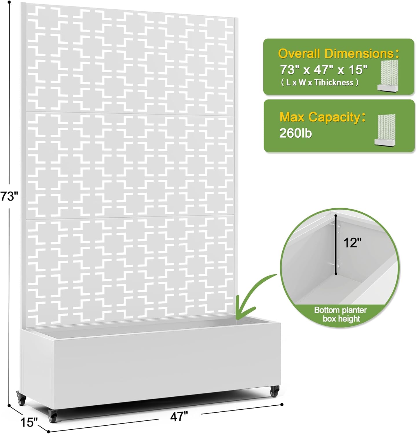 FENCY Metal Raised Garden Bed with Wheels and Trellis,73"x47"x16" Planter Box for Climbing Plants, Vegetables & Vines, Features Privacy Screen and Drainage Holes (White-Square)