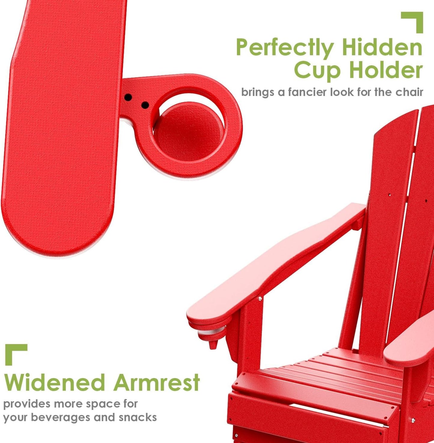 GREENVINES Folding-Adirondack-Chair | HDPE Plastic | Fire Pit Chairs | All Weather | Cup Holder | Red | for Deck Backyard Patio Outdoor Garden