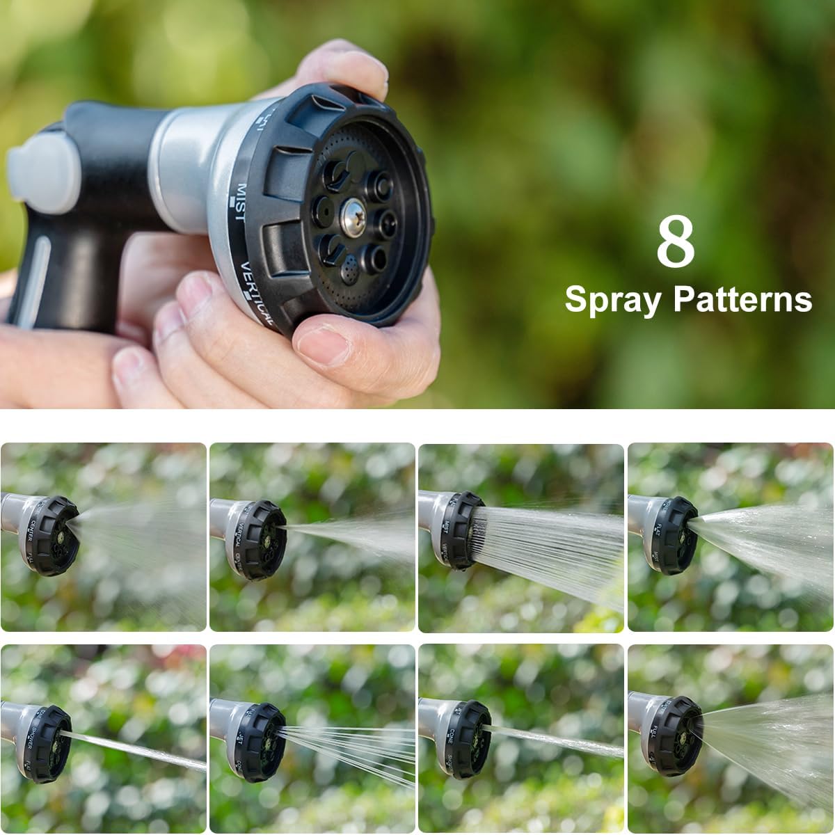 FANHAO Garden Hose Nozzle Heavy Duty, 100% Metal Water Hose Sprayer with 8 Spray Patterns, High Pressure Spray Nozzle Thumb Control On Off Valve for Lawn & Plant Watering, Car & Pet Washing - Silver