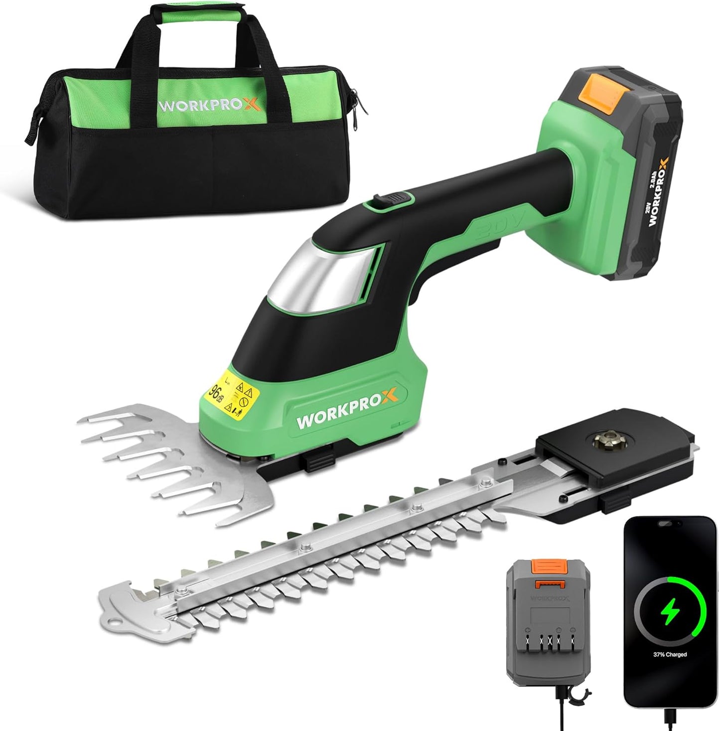 WORKPROX 20V Cordless Grass Shear & Shrubbery Trimmer - 2-in-1 Handheld Electric Grass Trimmer Hedge Shears/Grass Cutter, Rechargeable Lithium-Ion Battery and Type-C Cable Included