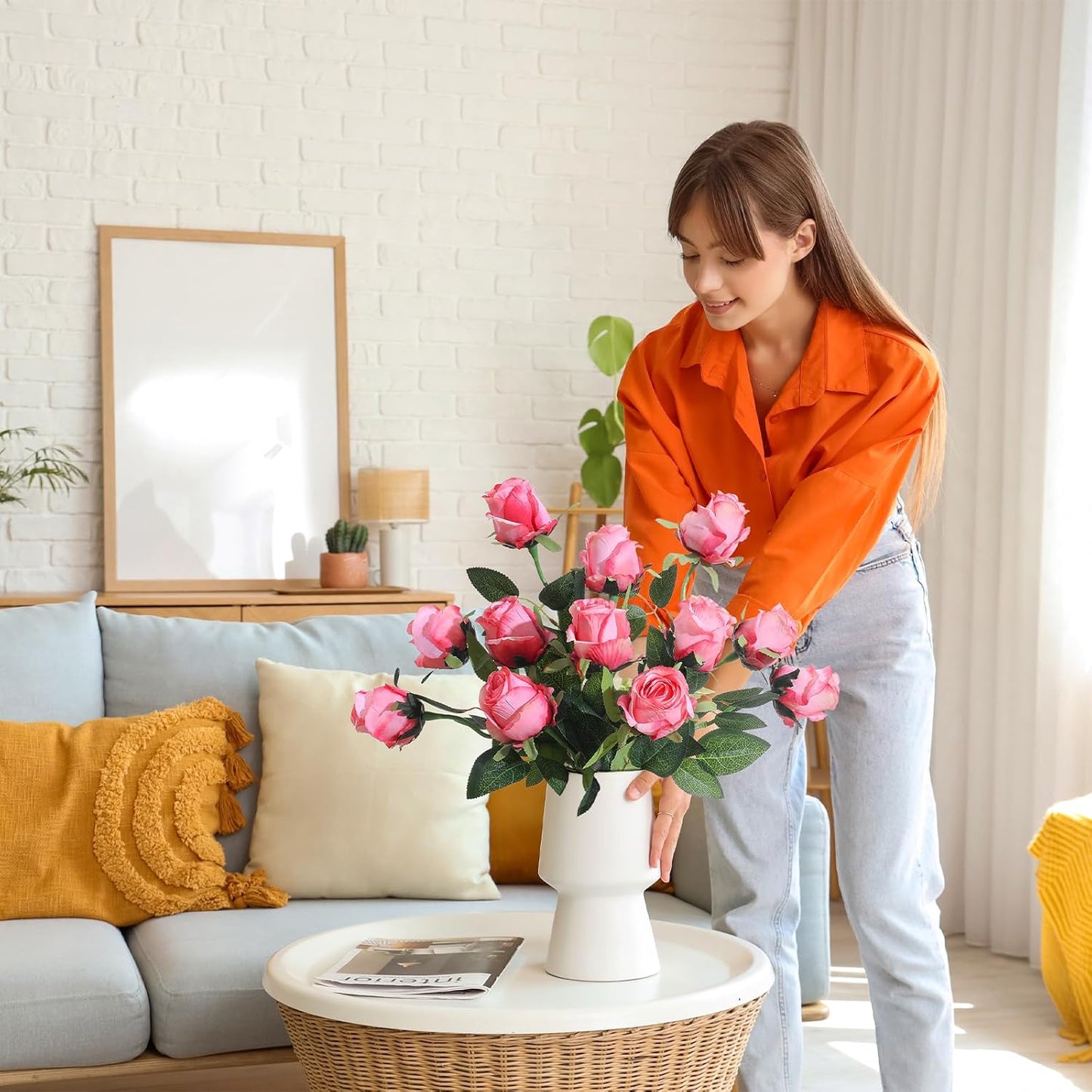 12Pcs Realistic Fake Dark Pink Roses Faux Flowers with Long Stems, Artificial Silk Rose Flowers for Valentines Day Home Wedding Decor Bridal Bouquet