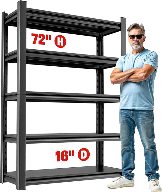 Storage Shelving Rack - 5 Shelf Heavy Duty Garage Storage Shelf, Metal Shelving Organizer for Garage, Home, and Utility Rooms, Maximize Space with Easy Organization16 D x36 W x72 H