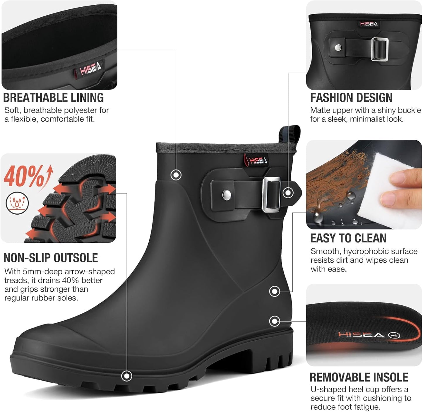 HISEA Women's Ankle Rain Boots Waterproof, Fashion Short Garden Shoes Anti-slip for Women with Comfortable Insole