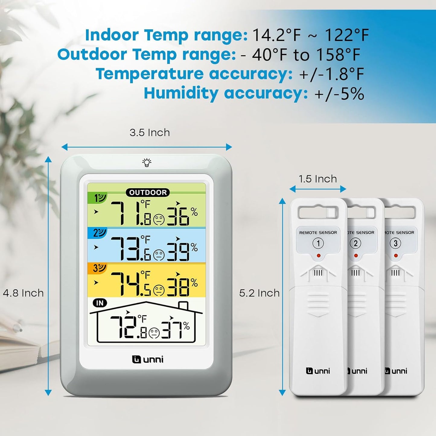 Indoor Outdoor Thermometer Wireless with 3 Sensors, 4.5 Inch Display with 330ft Range and Adjustable Backlight (Colorful)