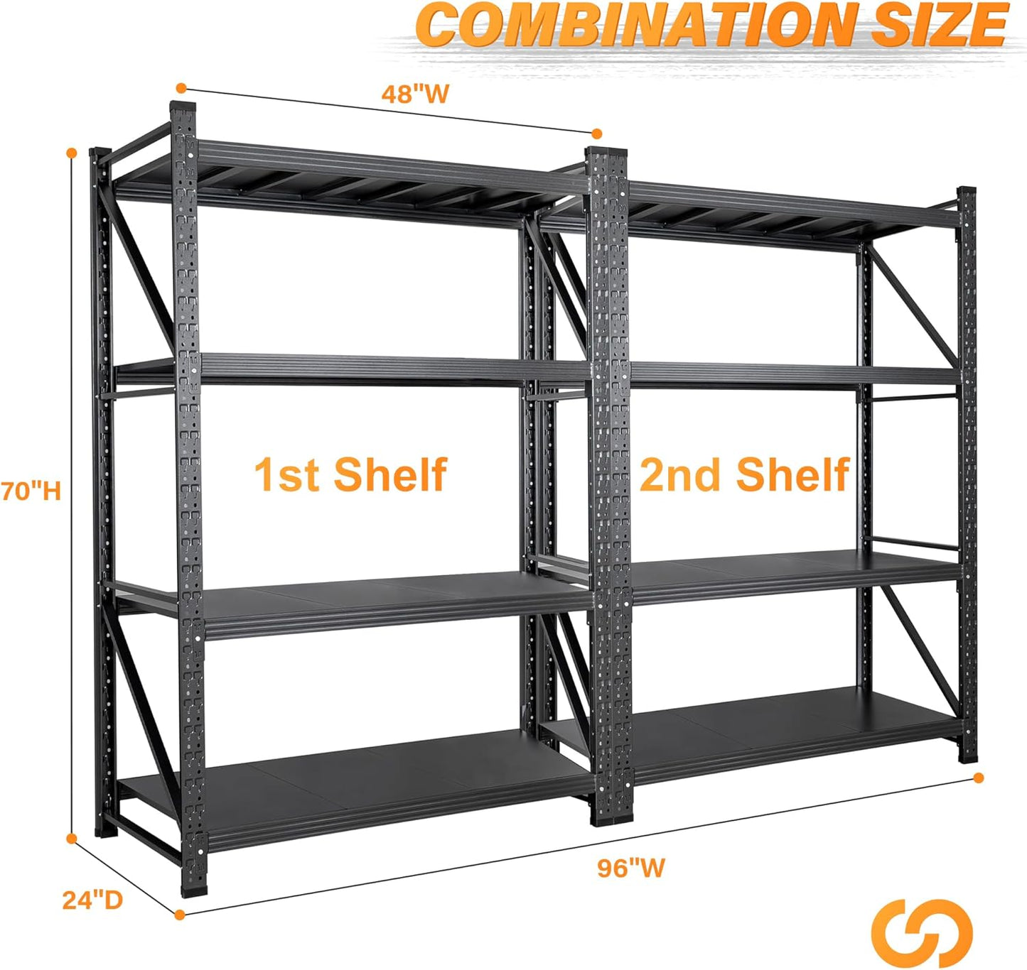 Set of 2 Storage Shelves, 4 Tier Heavy Duty Garage Shelving Units, 48” Wide Rack Shelf, 3000LBS Steel Industrial Shelving, 24” Deep Adjustable Standing Shelf for Warehouse 24" D x 48" W x 70" H Black