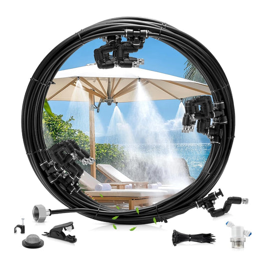 Outdoor Misting Cooling System,49FT (15M) Misting Line + 3/4” Threaded Adapter + 13 Adjustable 360° Nozzles, Garden, Greenhouse, Misters for Outside Patio