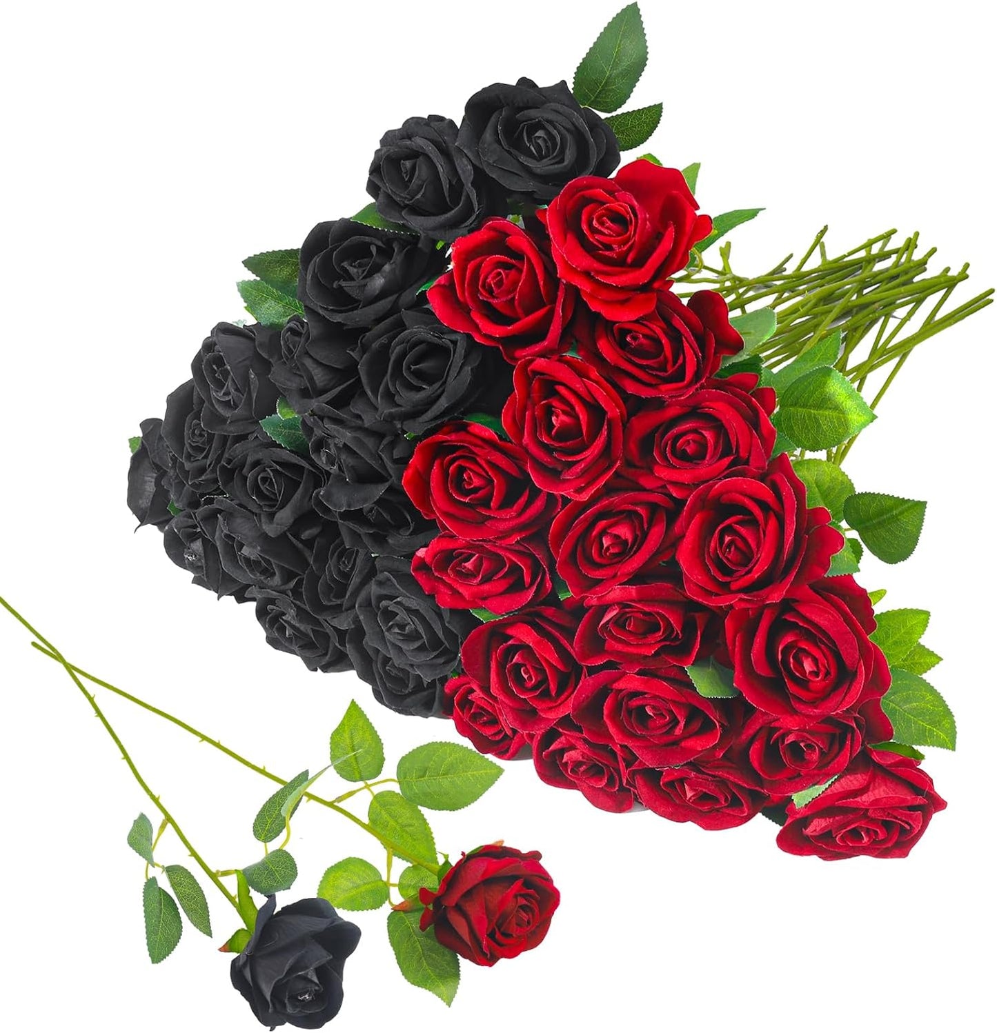36 Pcs Silk Black Red Rose Bouquet Bridal Artificial Flowers,Fake Rose Long Stem Realistic Artificial Flowers Bulk for Wedding Bouquet Ball Arrangement Centerpiece Party Decor