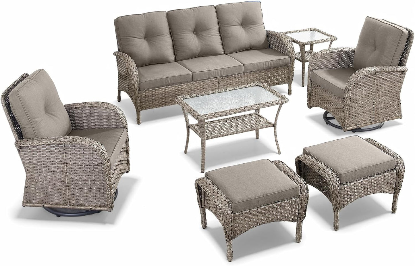HUMMUH 7 Pieces Outdoor Furniture Set-All Weather Wicker Rattan Couch with Outdoor Rocking Chair Patio Furniture for Deck Lawn Porch Balcony Poolside-Grey/Grey