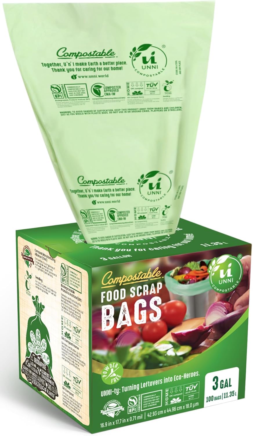 UNNI Compostable Trash Bags, 3 Gallon / 11.35 Liter, 600 Count Value Pack, Extra Thick 0.71 Mil Kitchen Food Scrap Bin Liners, Certified by BPI, CMA & OK compost HOME, Meets the ASTM D6400 Standard