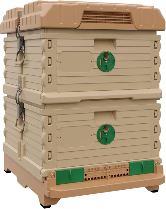 Ergo Insulated 10 Frame Bee Hive Set [NO Frames Included] (Double Deep, Tan Body Green Entrance)