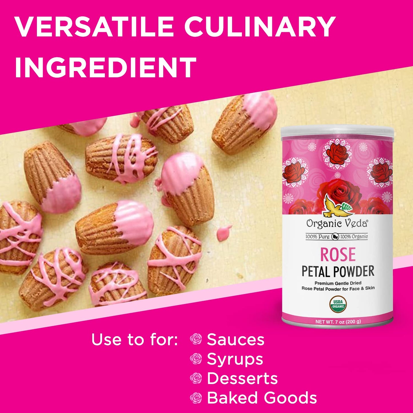 Organic Veda Edible Rose Petal Powder - Organic Rose Petal Powder for Cooking, Herbal Tea, Smoothies, Toppings - Natural Rose Petal Powder for DIY Face Masks, Skin, Hair Care - Vegan, No Gluten - 16oz