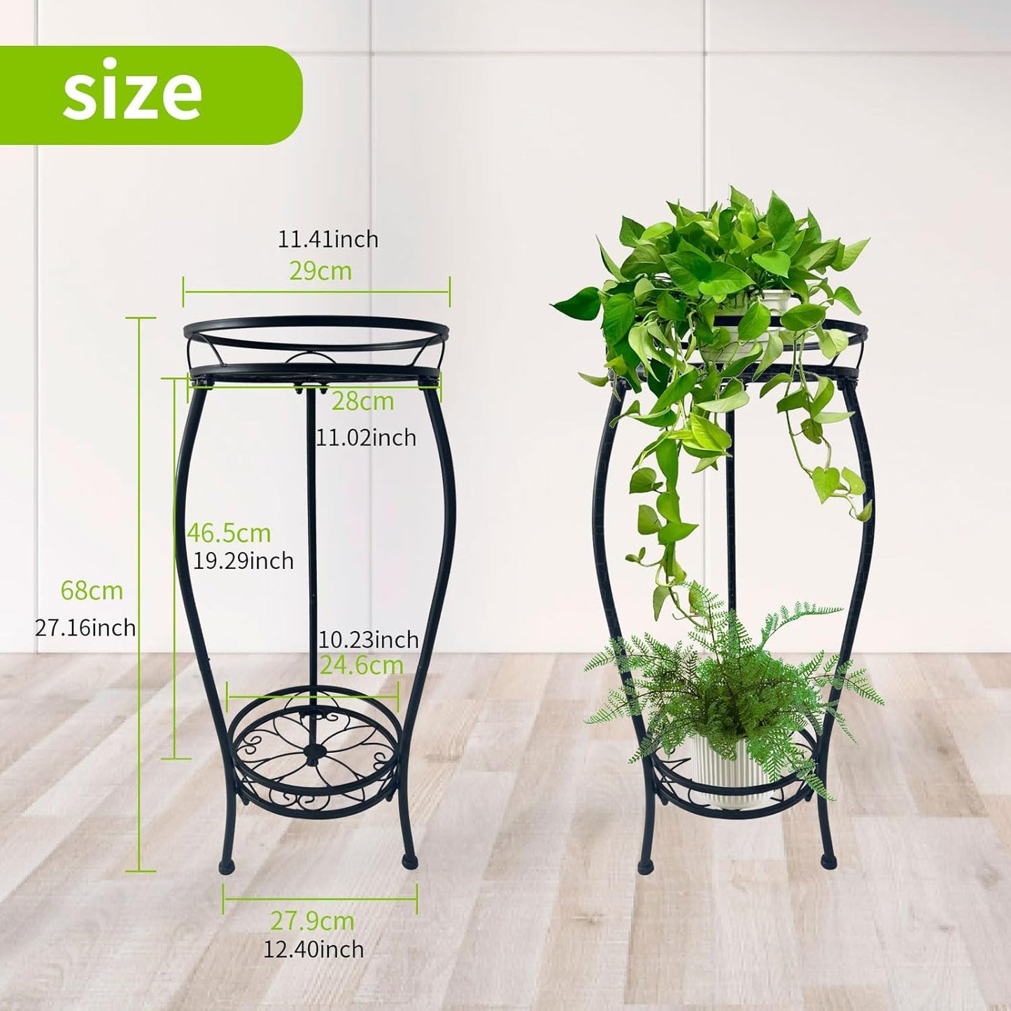 Plant Stand Indoor Outdoor 2 Tier 27.1 inch Tall Black Metal Rustproof Stable Plant Stands Multiple Plant Round Supports Rack for Planter Corner Garden Balcony Patio