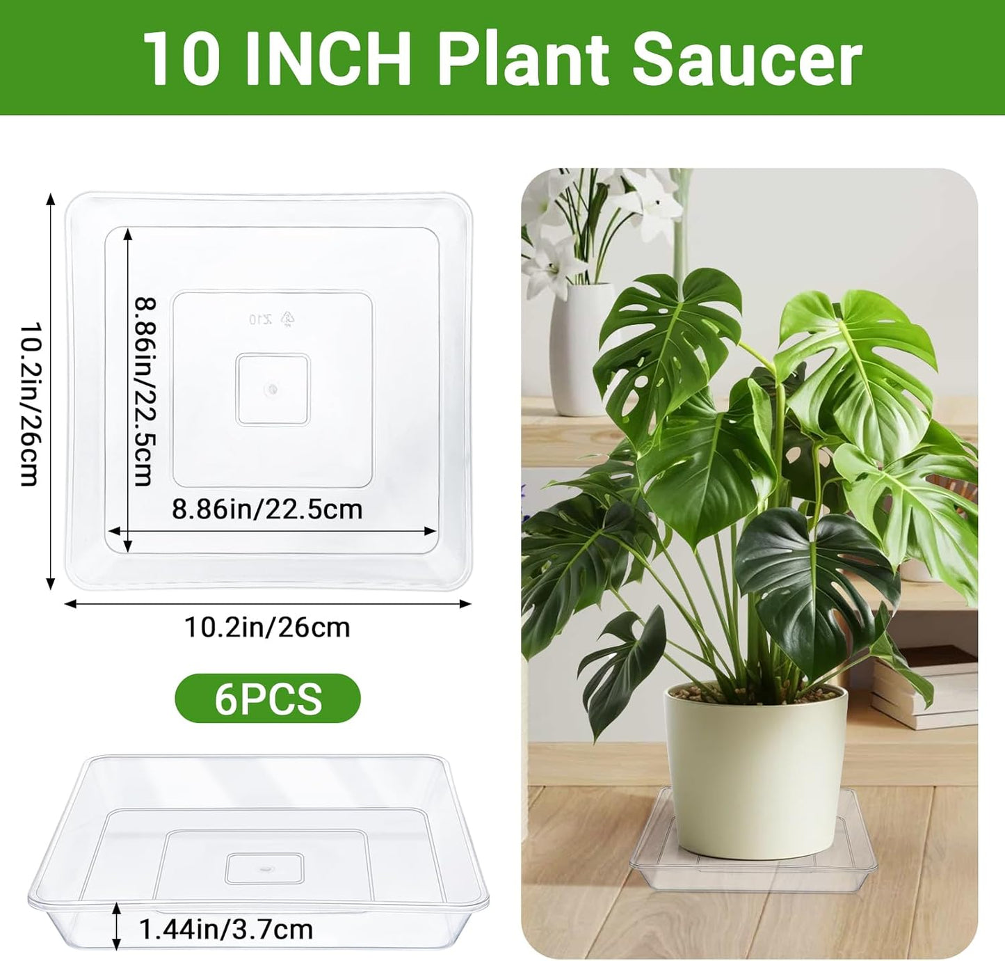 GREANER 10 Inch Large Plant Tray, 6 Packs Square Plant Pot Saucer, Durable Thick Watering Trays for Plants, Plastic Plant Tray for Outdoor Indoor Garden Supplies(Clear)