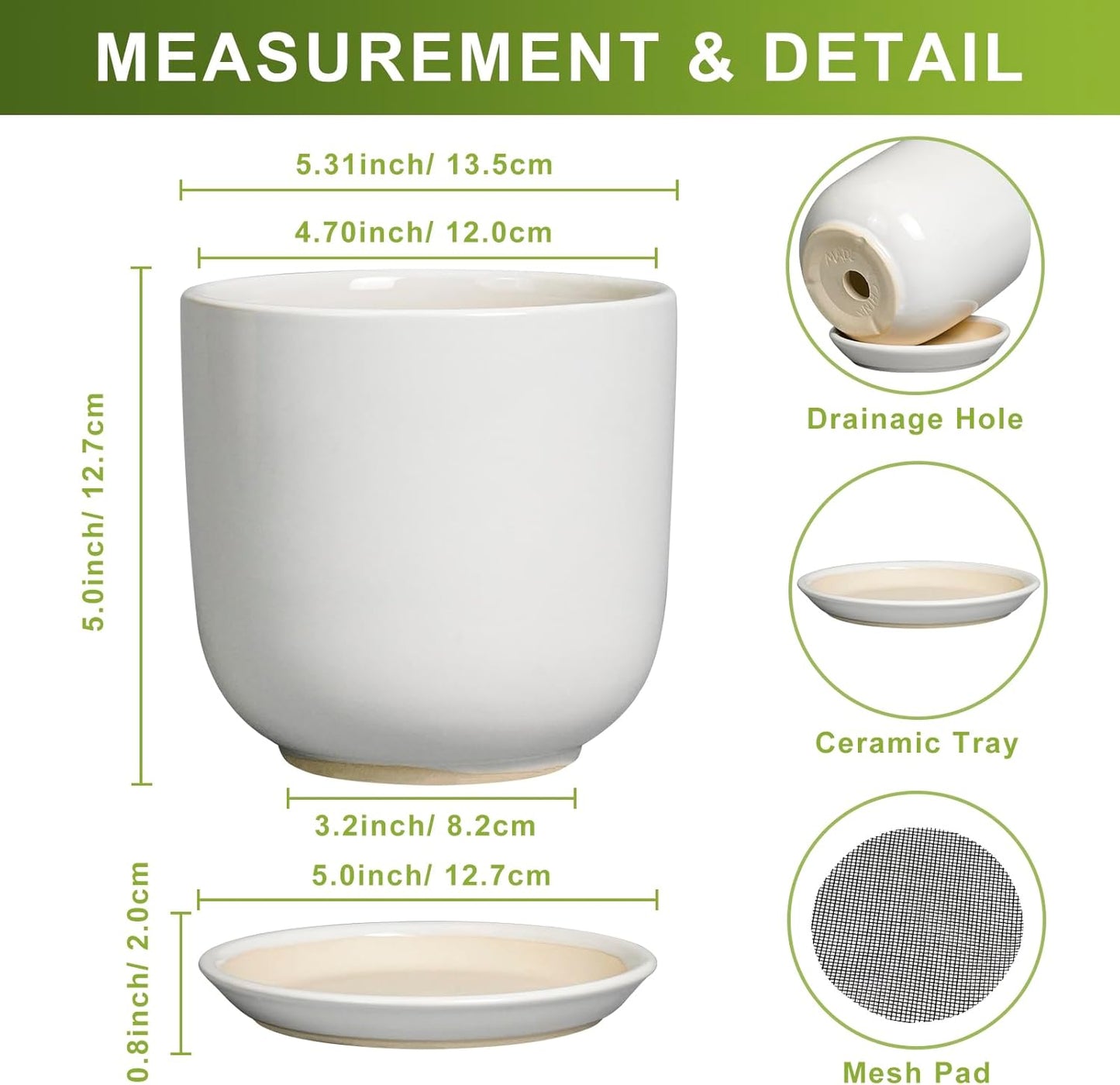 Indoor Plant Pot 5 Inch - Round Ceramic Planter for Succulent Plants with Drainage Hole and Saucer, Modern Home Decor, White