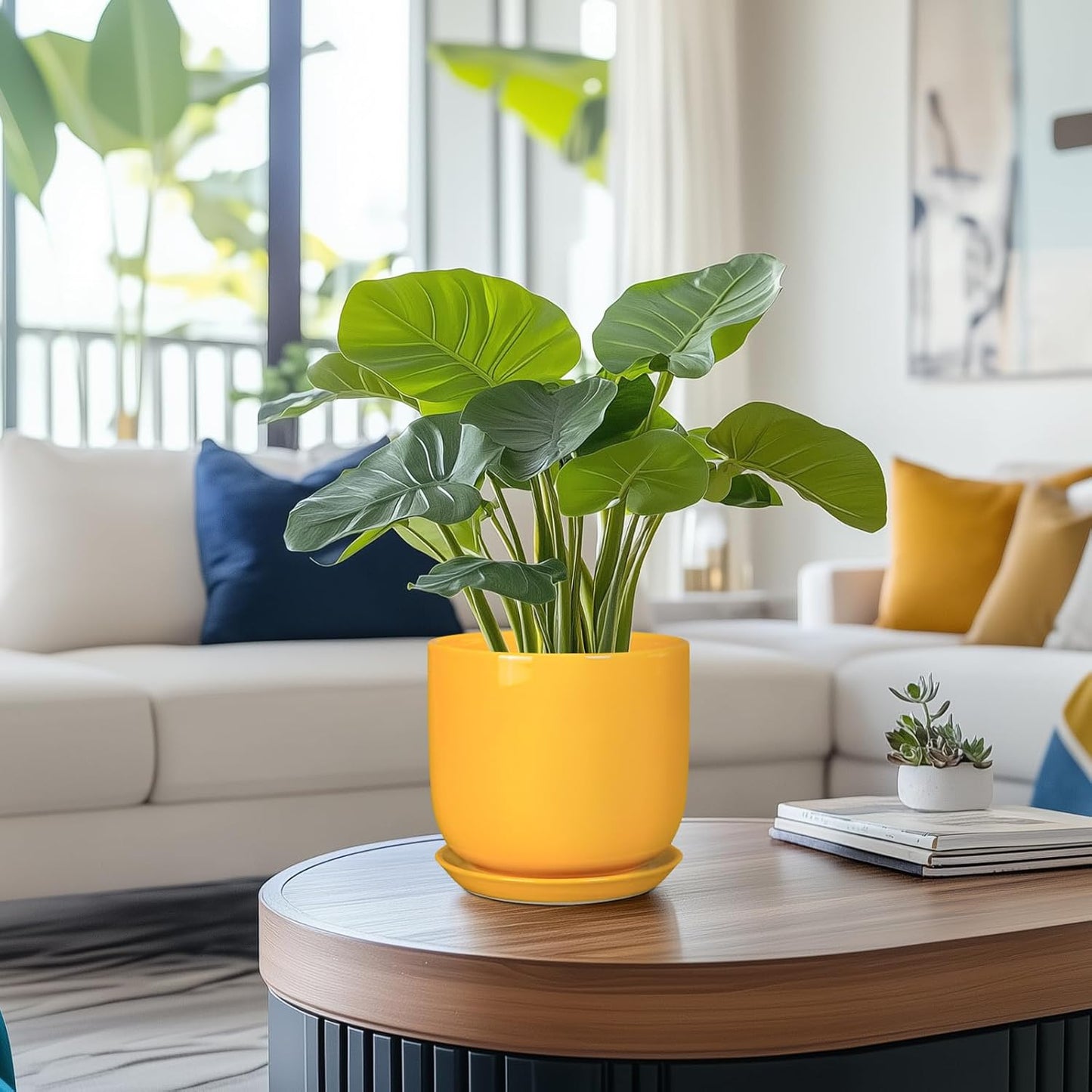 Indoor Plant Pot - 7 Inch Modern Round Ceramic Planter for Indoor Outdoor Plants with Drainage Hole and Saucer, Home Garden Office House Decor, Yellow