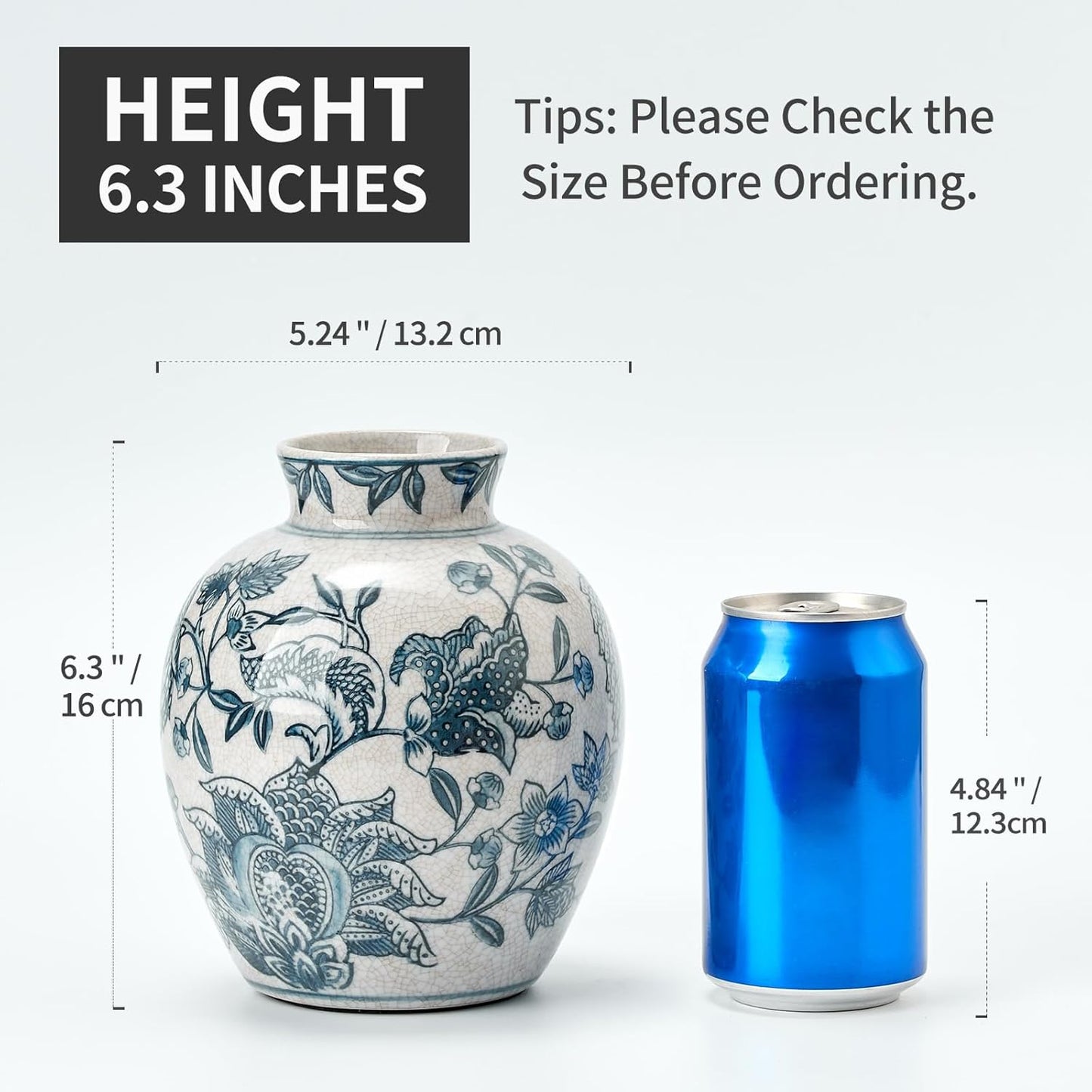 SIDUCAL Ceramic Chinoiserie Floral Vase | 6.3 Inch Blue and White Vintage | Retro Ice Cracked Blue and White Porcelain Vase for Table, Living Room, Bathroom Decoration, Shelf Decor, Mantel