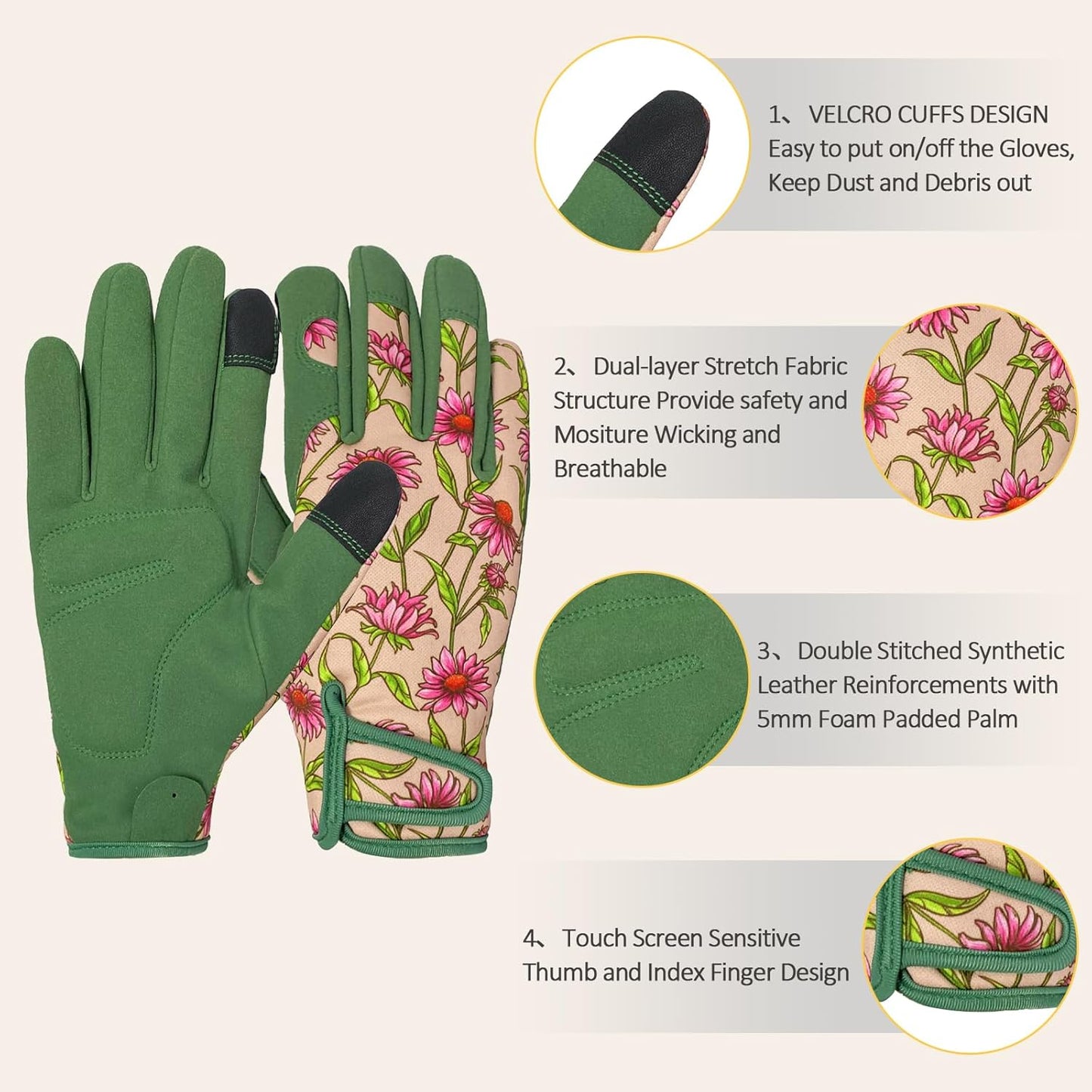 Gardening Gloves for Women, Garden Gloves with Touch Screen, Thorn Proof Puncture Resistant Working Gloves, Gardening Gifts for Women (Green with Pink Flowers, Medium)
