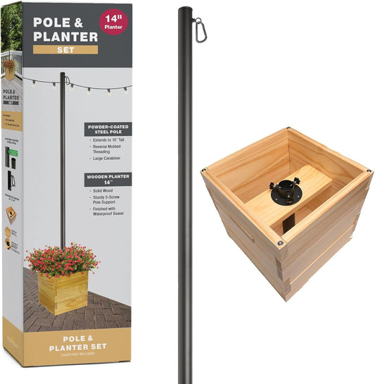 Excello Global Products Wooden Planter Box Set with 10' String Light Pole - 14"x14", Ready to Assemble.