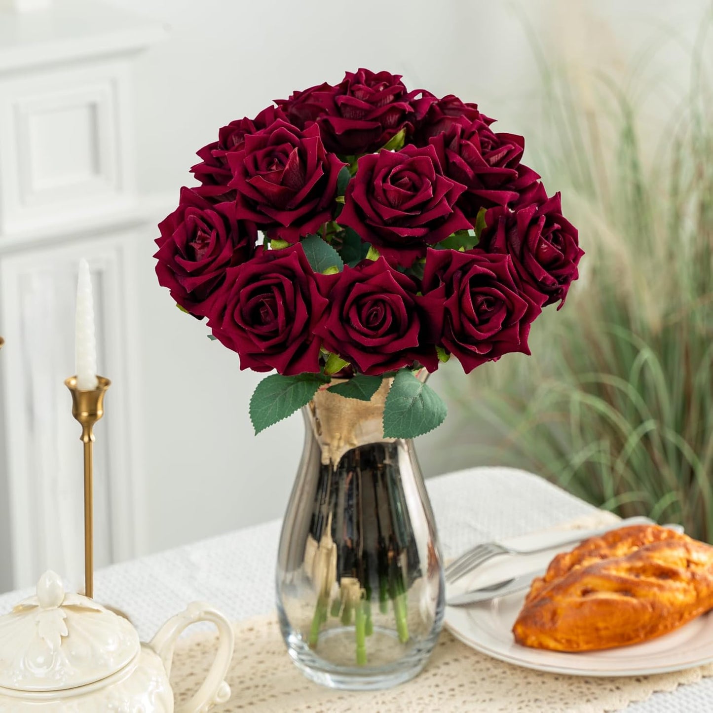 Fake Roses Faux Flowers Silk Roses Artificial Roses with Stems 16.5In Realistic Artificial Flowers Suitable for Indoor Home Decoration Diy Bouquet Wedding Decor Party Decor 12PCS(Black red)