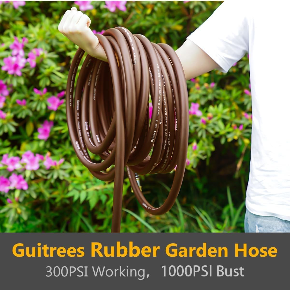Garden Hose 25FT x 5/8", Heavy Duty Rubber Hose, Water Hose with Five Layered Braiding, Male to Female Fittings, 1000PSI Burst, 300PSI Working (Brown)