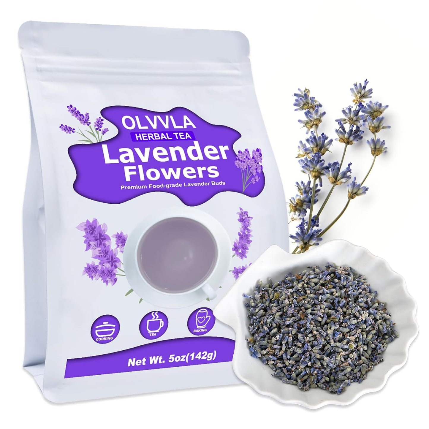 Olvvla - Dried Lavender Flowers - 5oz/142g - Fragrant Food-Grade Lavender Buds - Perfect for Tea, Baking, Lemonade, Relaxing, Sleeping Well