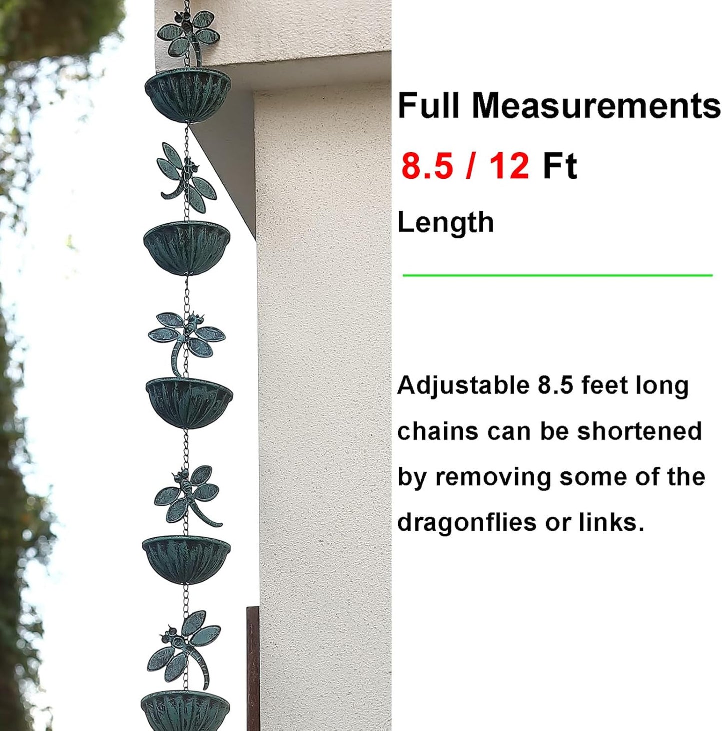 Iron Dragonfly & Cups Rain Chains, 12 Ft Replacement Downspout for Gutters, Antique Blue